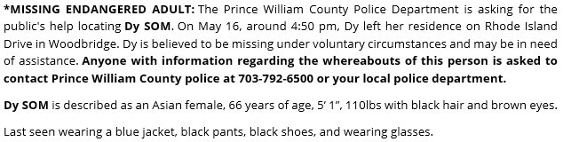 PWCPolice's tweet photo. *Missing #ENDANGERED ADULT: | Dy SOM, age 66, Asian female, 5’1”, 110lbs with black hair and brown eyes. Last seen on May 16 at 4:50 pm in #Woodbridge. Call police if you have seen this #MissingPerson. More info: https://t.co/X0oerIf6NF