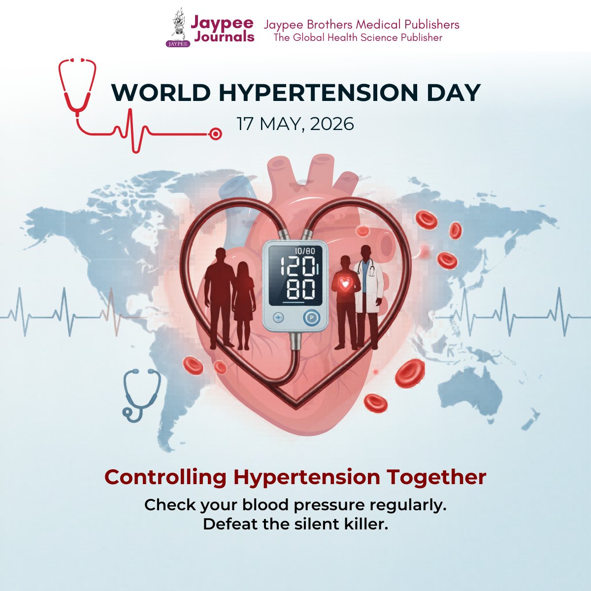 JaypeeJournals's tweet photo. This World Hypertension Day (17 May, 2026), Jaypee Journals invites you to take a 2-minute health check.

Check your BP regularly, eat less salt, stay active, manage stress, and take prescribed medicines. Small everyday changes can protect your heart and save lives. https://t.co/lKppBxFMYd