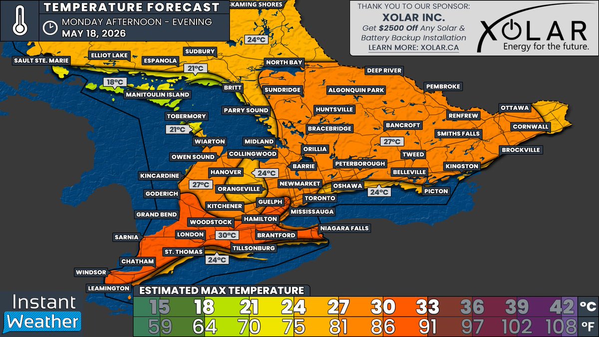 IWeatherON's tweet photo. #ONStorm #ONwx 🥵 Victoria Day to Bring Early Tease of Summer to Southern Ontario With 30°C Heat and Severe Storm Risk on Monday

📅 Monday, May 18, 2026

⤵️ VIEW THE FULL FORECAST:
https://t.co/RF6UZmlAcg

- Brennen

———
Thank you to our sponsor, Xolar: Energy For The Future ☀️⚡️

Xolar Inc is a Canadian-owned solar installation company installing solar and battery backup for homeowners and businesses across Canada. 

Right now, Xolar Inc is making an exclusive offer only to members of our Instant Weather community to get an additional $2500 off any solar and battery backup installation, on top of the $10,000 in Provincial rebates available for solar + battery. 

If you would like to claim this special $2500 Instant Weather offer, as well as the $10,000 provincial rebate, request a solar + battery quote with Xolar Inc at the link below!

LEARN MORE: https://t.co/EmJovKlbFh
———