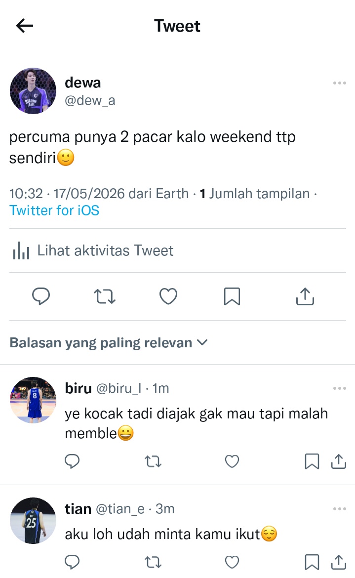 bolsumandi's tweet photo. gimana kalo #dewtee #bluetee jadinya dewbluetee 😀
a one tweet au
ybba yang bertiga-bertiga azza https://t.co/UnnjBMVKIK