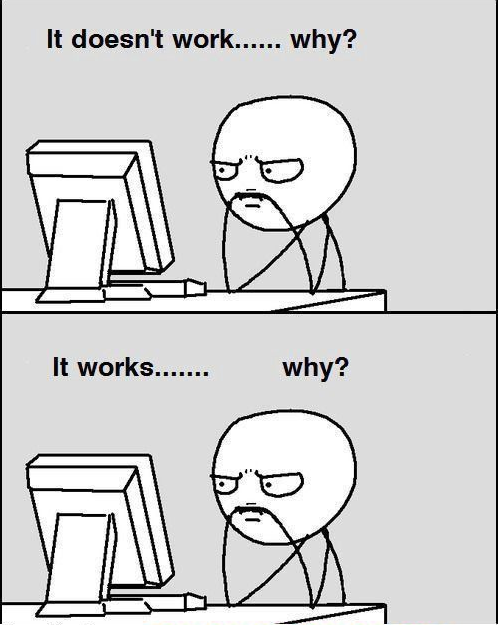 iamsalman_02's tweet photo. Every programmer ever 😂

"It doesn't work... why?"
"It works... why?"

The second panel is actually more terrifying ngl 💀

#DevMeme #ProgrammerLife #CodeNewbie #WebDev https://t.co/XbEgfEpfu3
