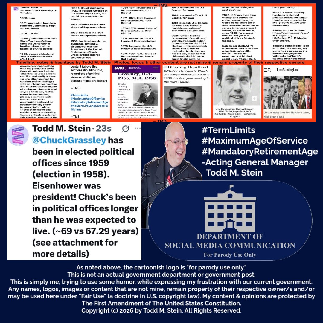 Todd_M_Stein's tweet photo. @BryceMLipscomb @ChuckGrassley’s been in elected offices since 1959 when Eisenhower was president. He became a millionaire in office. It’s too damn long & he’s too damn old to be making decisions that he won’t be around for…
#TermLimits
#MaximumAgeOfService
#MandatoryRetirementAge https://t.co/NFkxlDZBJ1