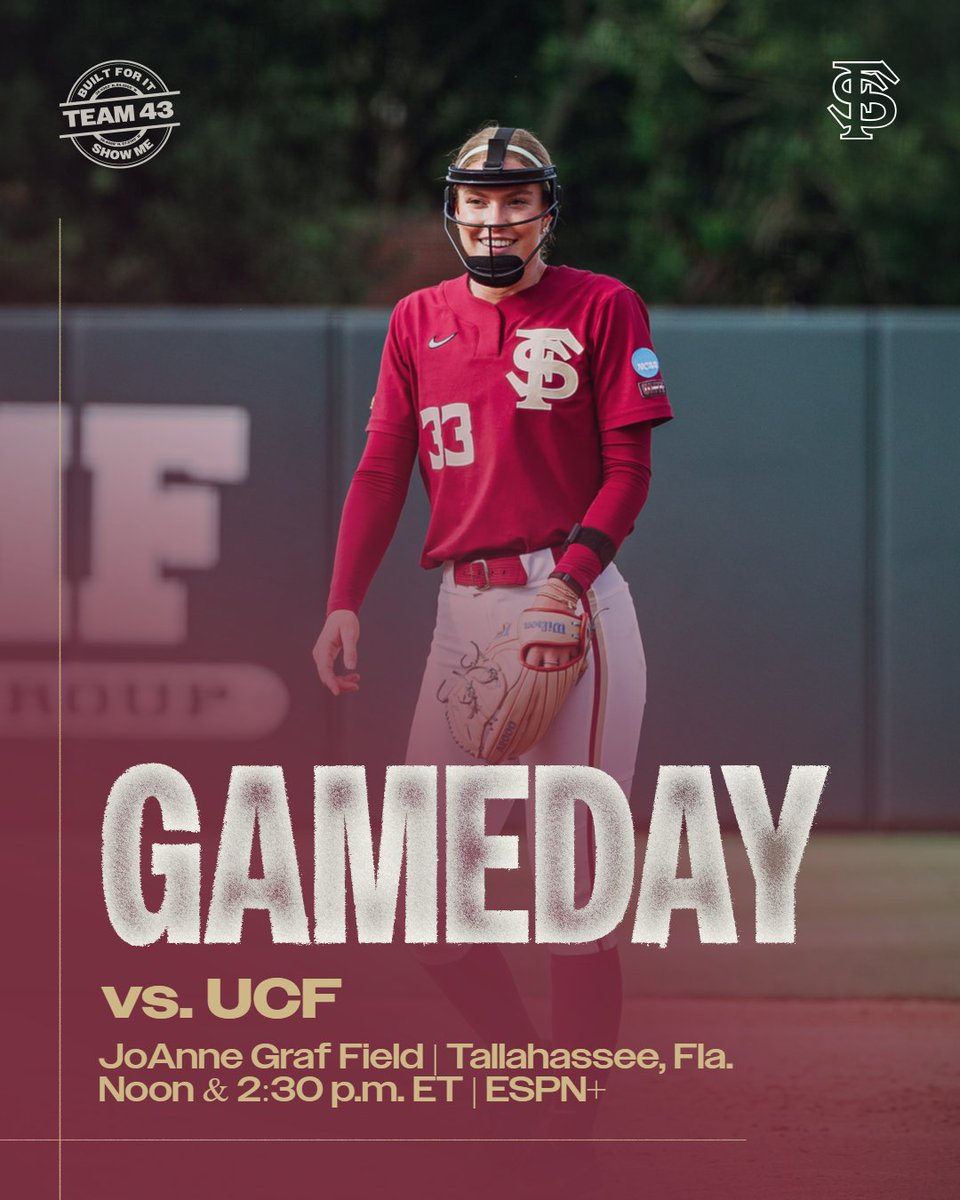 FSU_Softball's tweet photo. Regional Final Sunday. Be early. Be loud🗣️🗣️

🆚 UCF
📍 JoAnne Graf Field
⏰ Noon &amp; 2:30 p.m.
📺 ESPN+
🎟️https://t.co/kgQdROZFyw

#Team43 https://t.co/K6jDjR6cAt