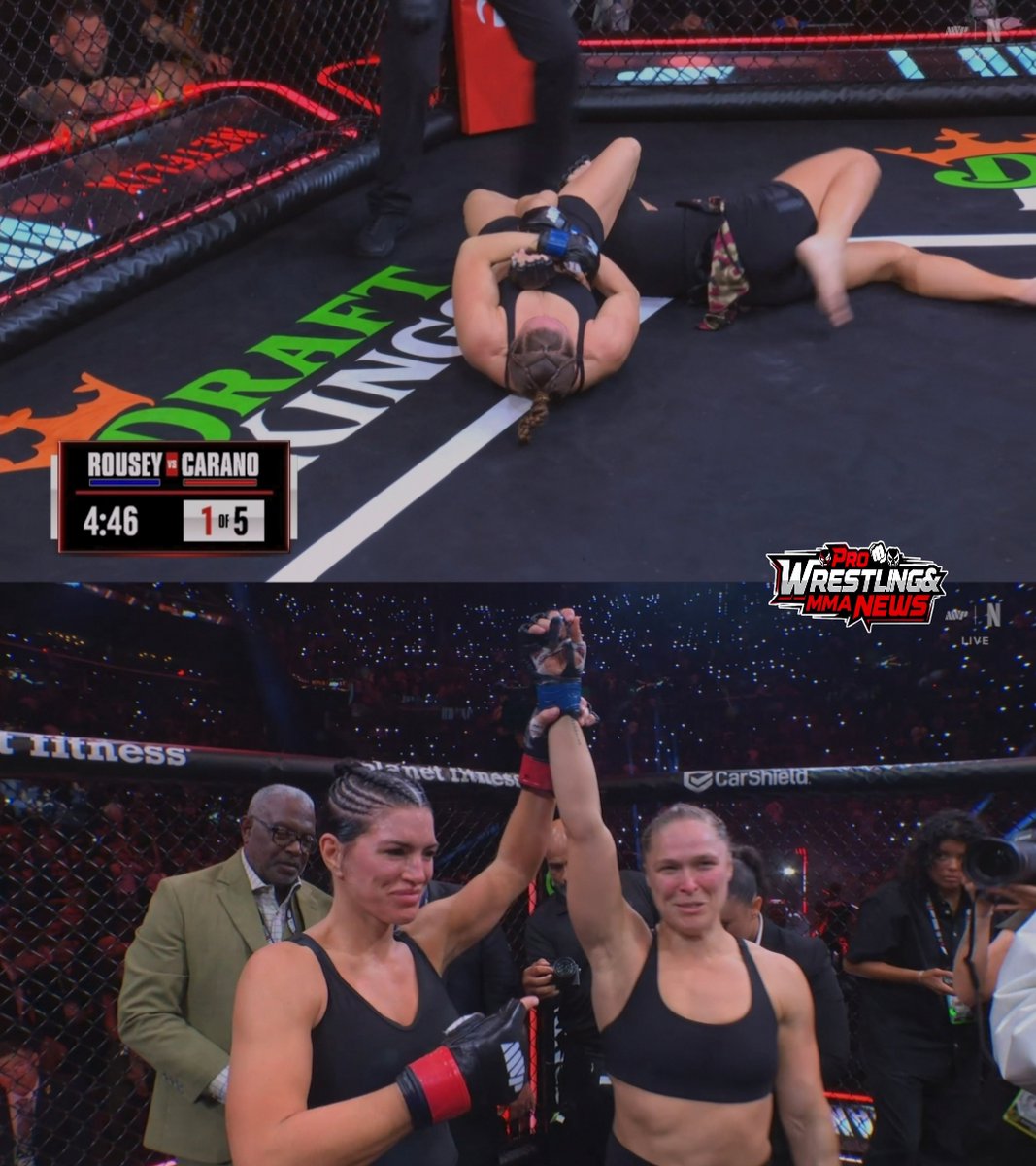 PWMMANews's tweet photo. Ronda Rousey defeats Gina Carano via submission 15 secs into the 1st round. #RouseyCarano #DiazPerry #NgannouLins https://t.co/RPcFHOklXJ