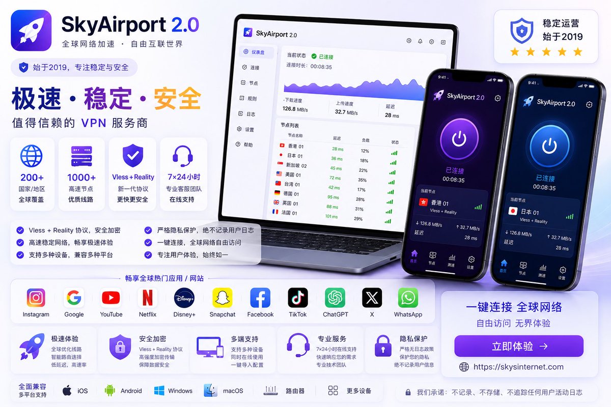 Shadowrocketvpn's tweet photo. ✨ SkyAirport VPN ✈️  
🌍 高速稳定 · 低延迟  
🔒 强加密保护  
⚡ 畅享自由网络  

🔗 https://t.co/zrKFy9nD0r  

#SkyAirportVPN #科学上网 #Shadowrocket #Clash #VP https://t.co/uu7VCCjnjh