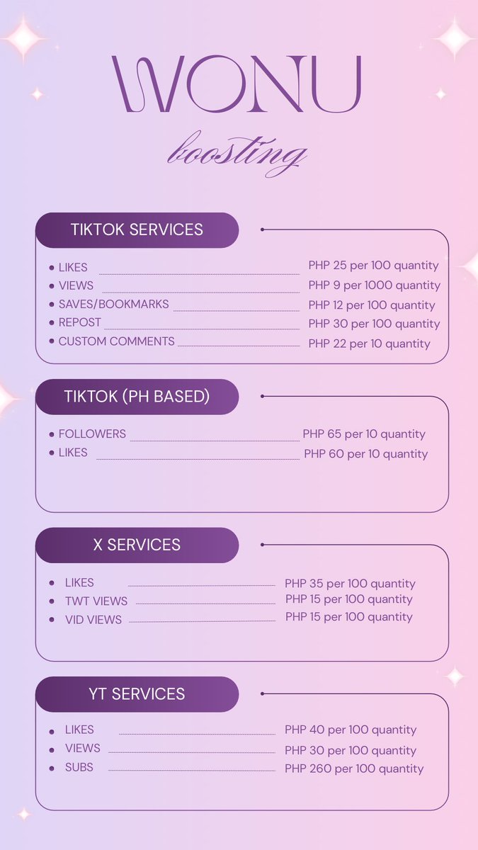 Winswonsforme's tweet photo. Wonu Boosting Service 💜

NEW SERVICES AND UPDATE PRICELIST, DM TO AVAIL 🫶🏻

mop: gcash

🏷️:wts lfb social media boosting fb ig tiktok yt ph based x likes comments views reels shares followers kpop aespa ive wonyoung liz nct ipad iphone airpods case xr 11 12 13 14 15 pro digicam https://t.co/a38OHogfbm