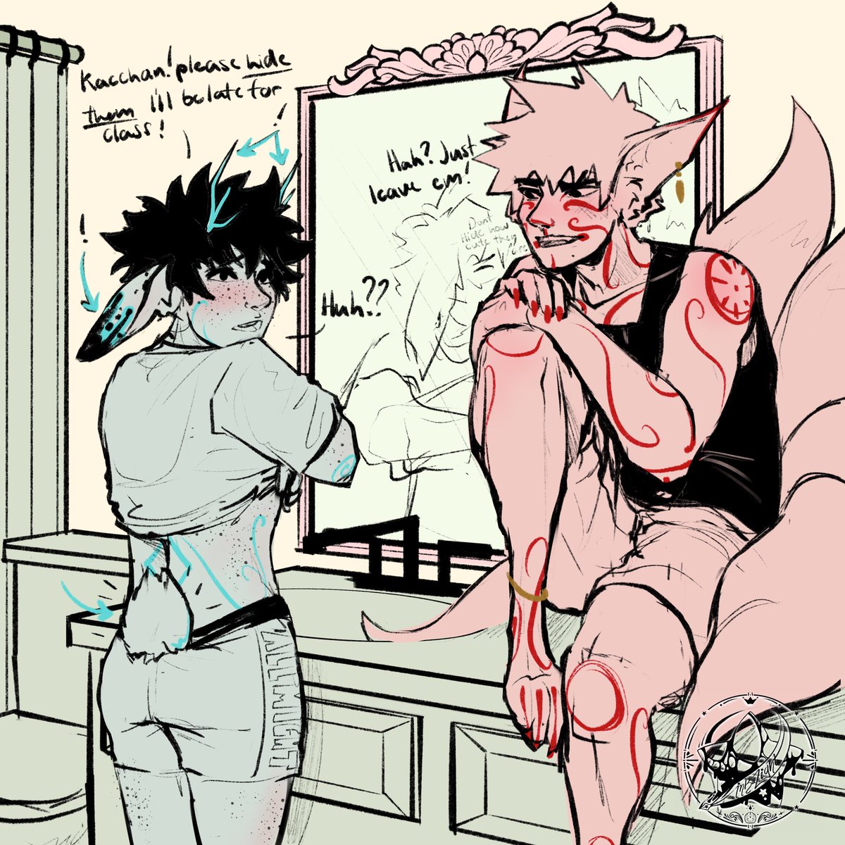 Inkalight's tweet photo. Day 16 Jackalope
Time for the small annual update for Kitsune Kacchan and Jackalope Izuku. College boy is having a hard time keeping his classmates and teachers unaware of his condition.

#bkdk #mofm #mythsofmay #mythsofmay2026 #mofm2026 https://t.co/phOIPDyseB
