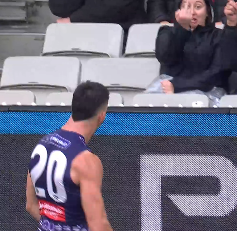 MemesAFL's tweet photo. Patrick Voss celebrating his 4th goal of the quarter and receiving some feedback  #AFLDonsFreo https://t.co/oBwVbHN2Ar