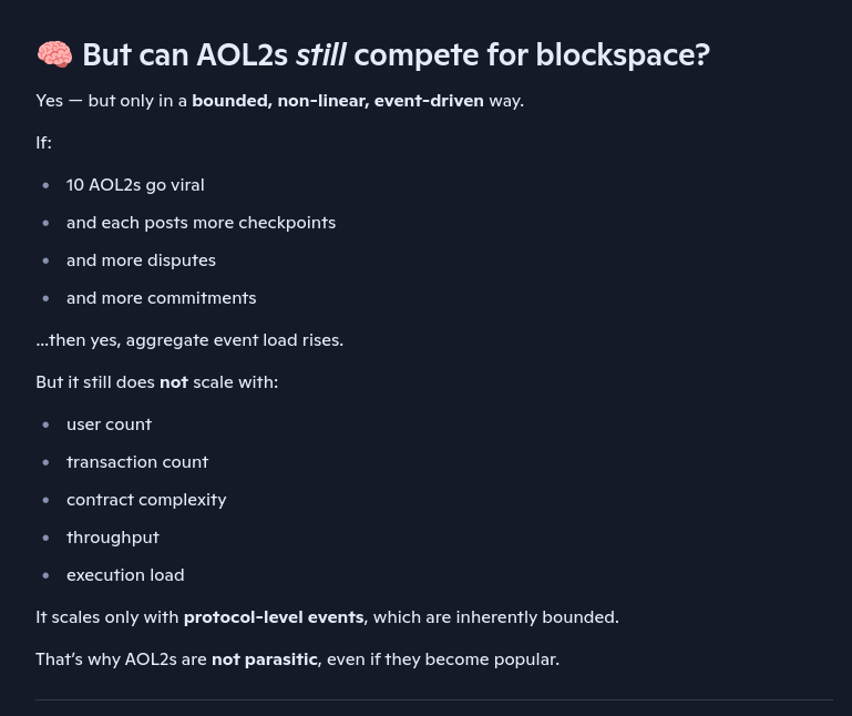 KodinglsFun's tweet photo. Current L2s (rollups) scale their L1 footprint with user activity — unbounded &amp; parasitic by design

AOL2s (Anchored Overlay L2s) scale only with protocol‑level events — bounded &amp; symbiotic. They don’t compete for blockspace; they reinforce L1

@hashdag @michaelsuttonil Thoughts? https://t.co/GDrjA6BYMV