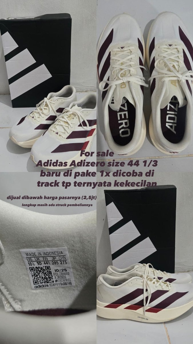 jinsprout92's tweet photo. FOR SALE ADIDAS ADIZERO 
baru 1x pake test di track ternyata kekecilan (details di foto). pemakaian pribadi.
di area PAPUA (Nabire/Jayapura) bisa jkt juga tp akhir bulan barangnya baru ada.
bisa DM yg mau nanyaw2! luv
#forsale #adizero https://t.co/0rLoetwg2h