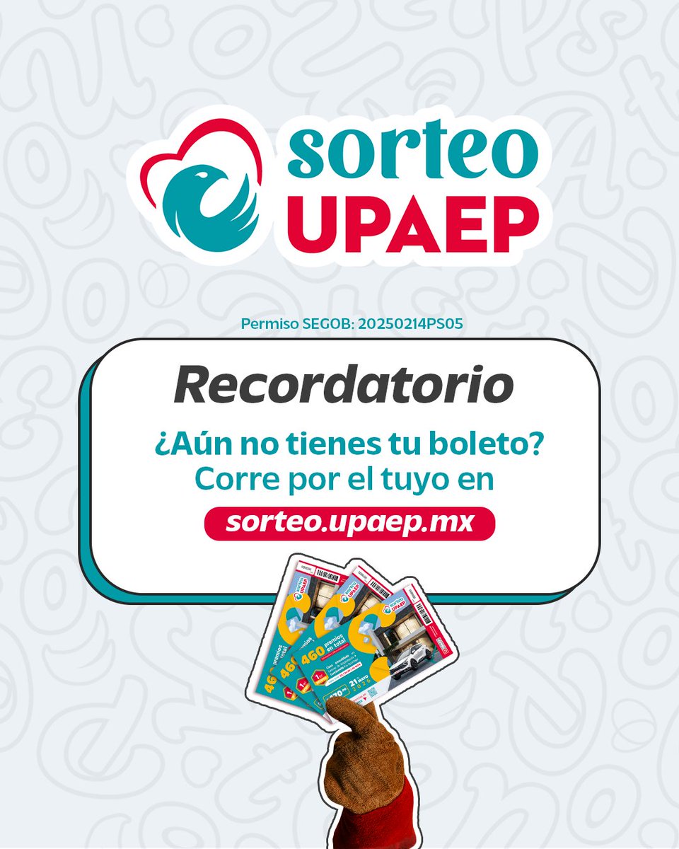 SorteoUPAEP's tweet photo. Estamos en los últimos momentos. ⏰
Si aún no tienes tu boleto, este es el momento de hacerlo.​
​
🎟️ $470​
👉 https://t.co/yCNULe19TT
Después ya no habrá oportunidad. 😉 https://t.co/oyAgGLF4PM