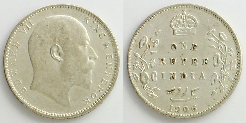 英領インド帝国 1906年 1ルピー銀貨 エドワード7世》 造幣都市