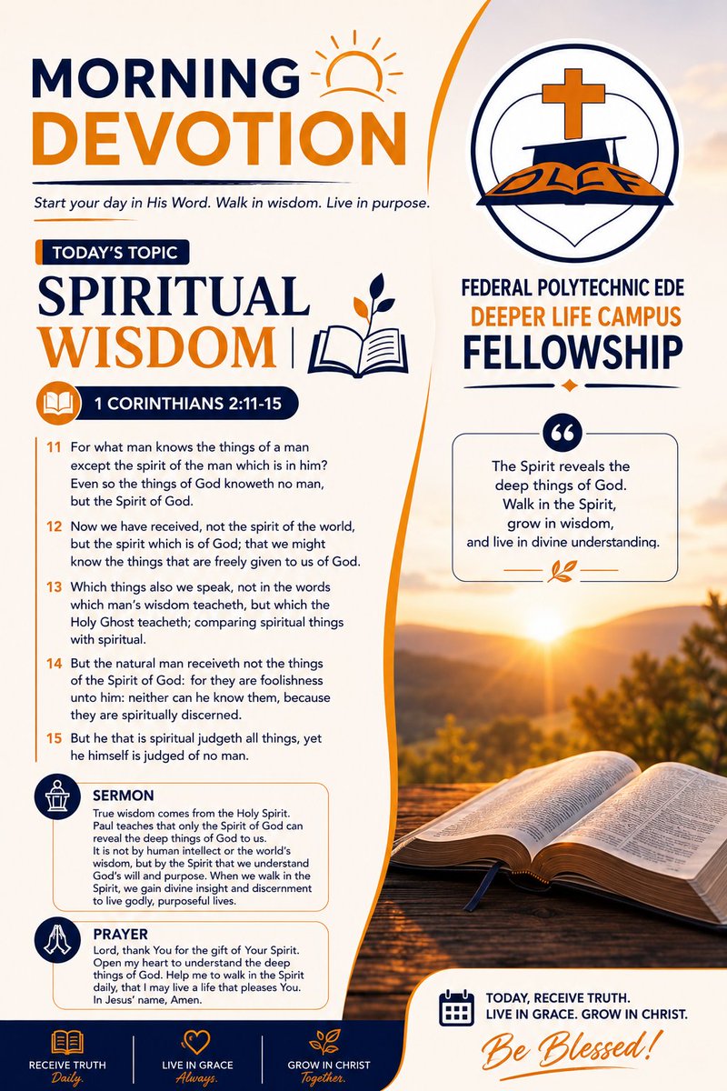 dlcf_fpe's tweet photo. The Spirit reveals the deep things of God.   1 Corinthians 2:10-15 ✨
May your heart be guided by divine wisdom today. Walk in the Spirit, discern rightly, and grow in grace. 🙏🔥 #MorningDevotion #SpiritualWisdom #dlcf #deeperlife #edechapter #fpe https://t.co/dYiiN8wu7Y