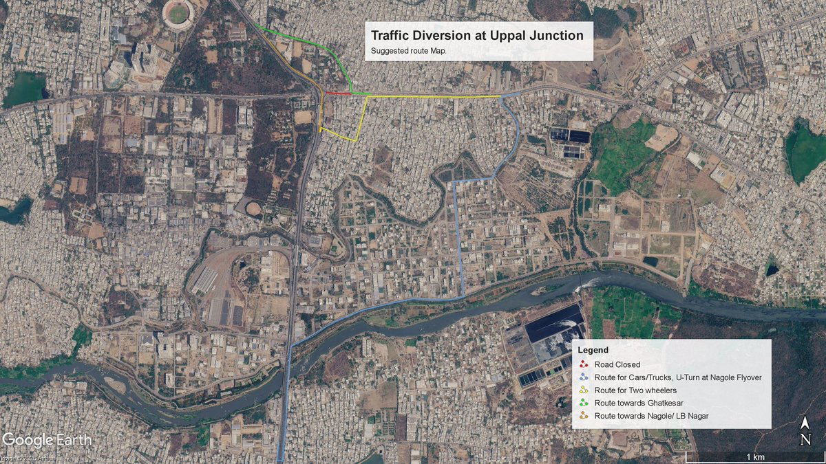 MCMalkajgiri's tweet photo. 🚨 Public Advisory for Commuters – #Uppal Ring Road 🚨

Commuters traveling via Uppal are hereby informed that due to the ongoing construction of flyover pillars for the Uppal–Narapally Elevated Corridor, certain temporary changes have been implemented in traffic movement and bus operations.

🚌 Bus Stop Relocation:
The existing bus stop near the Uppal GHMC Office for buses heading towards Warangal, Hanumakonda, and Yadagirigutta has been temporarily shifted to Nalla Cheruvu Katta. Passengers traveling in these directions are requested to board their buses from this newly designated temporary stop.

🚧 Road Closure Notice:
Starting from Sunday, 17-05-2026 (morning onwards), the Uppal Ring Road stretch leading towards Warangal will be temporarily closed. Traffic diversions will be in place, and commuters are advised to plan their journeys in advance and opt for alternate routes.

🚗 Traffic Diversions:

From Warangal to Hyderabad:
After crossing Mayfeel Hotel, proceed via Uppal Bhagayath to Nagole, take the service road, and make a U-turn under the flyover to continue towards Hyderabad.

From Hyderabad to Warangal:
At Survey of India Junction, take the route beside Pista House, pass through Beerappa Gadda, and join NH-163 towards Warangal.

🚛 Heavy Vehicle Advisory:
As Uppal Bhagayath Road is narrow, all heavy vehicles including buses and lorries traveling from Warangal to Hyderabad must use the Outer Ring Road (ORR) via Hayathnagar.

Similarly, vehicles traveling from Hyderabad to Warangal are advised to take the LB Nagar – Hayathnagar ORR route, connecting via Ghatkesar.

🙏 Public Cooperation Requested:
In the interest of public convenience and smooth traffic management, all commuters are requested to follow the directions of the police and concerned authorities and extend their cooperation.

Stay informed. Travel smart. 🚦

#RoadClosure #TrafficDiversion #Hyderabad