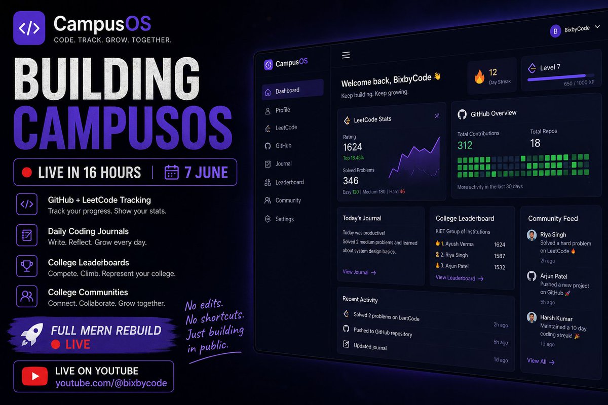 bixbycodes's tweet photo. Building CampusOS LIVE in 16 hours on June 7 🚀

• GitHub + LeetCode tracking
• Daily coding journals
• College leaderboards
• Full MERN rebuild LIVE
No edits.
No shortcuts.
Just building in public.
YouTube:
https://t.co/5vJTQLAp1Q https://t.co/Le55i2f2Cx