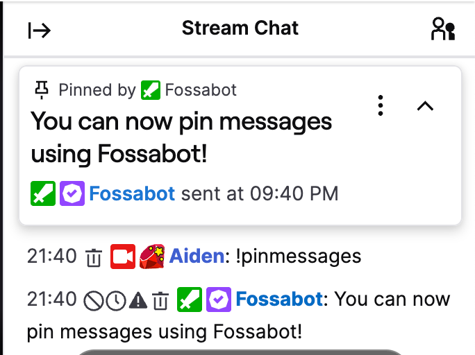 Sent Over Pin 📢 Fossabot can now pin messages in @Twitch chat! Simply use