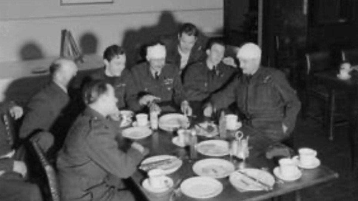 sallyacb275's tweet photo. 8 Lancaster aircraft lost
53 airmen killed
3 airmen Prisoners of War

8 of the 19 Lancaster aircraft of Op Chastise failed to return.

The last surviving aircraft to return from Operation Chastise (the Dambusters Raid) was AJ-W (Flight Lieutenant Les Knight's crew), which landed back at RAF Scampton at approximately 06:15 hrs on the morning of May 17, 1943.

Photo IWM CH 12519 as an illustration of aircrew post mission, empty place settings at the table.