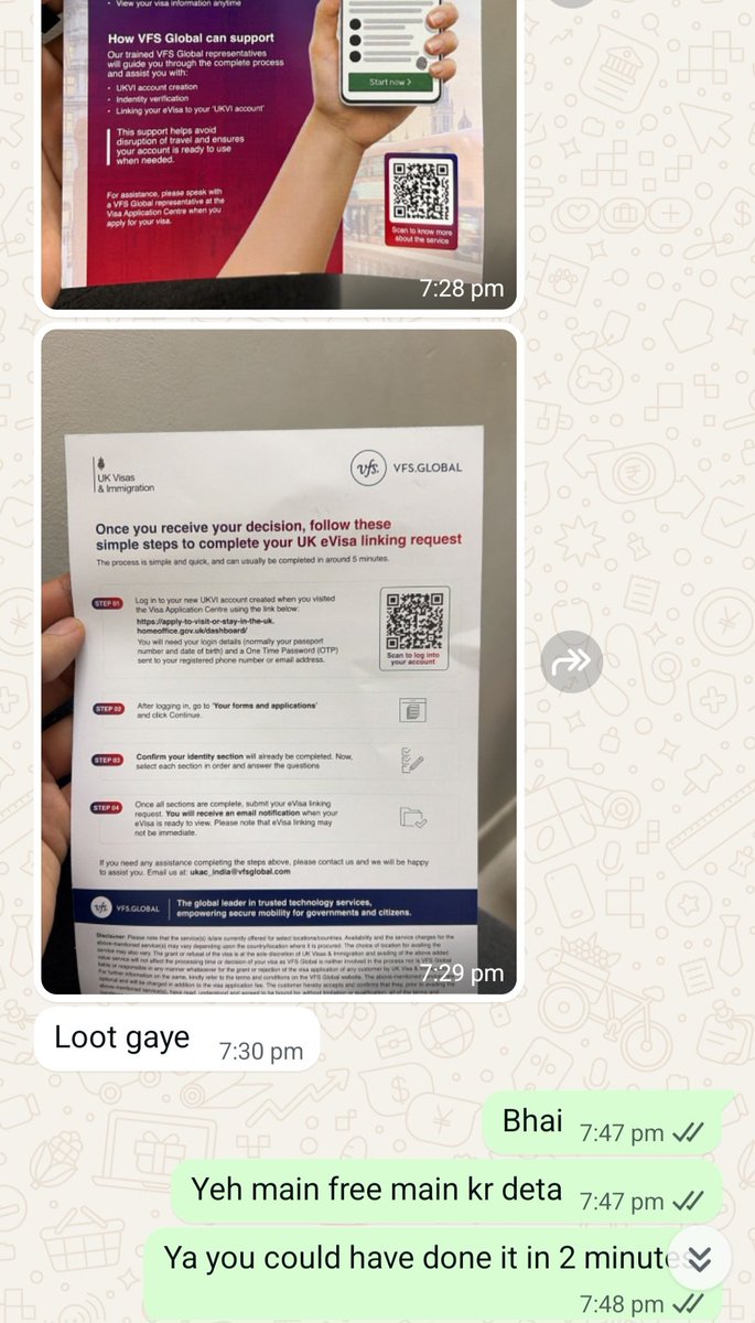 Kenu73's tweet photo. My clients parents had UK visa appointment 2 days ago, everything was taken care of. 

I specially said to them to not take any premium lounge or any value add service and they agreed. For UK you only go to give biometrics, everything else can be done by you, back at home.

But VFS pulled the classic trickery of making the situation tricky, then making it look like they are the saviour and if you miss taking this service you might face issues like denied boarding and billed them 1200/pp as UKVI setup service. 

This is a simple process which you can do by just following the email that you receive after the evisa approval, now the best part is, god forbids your visa gets rejected. There's no need to set up UKVI account if visa is rejected.