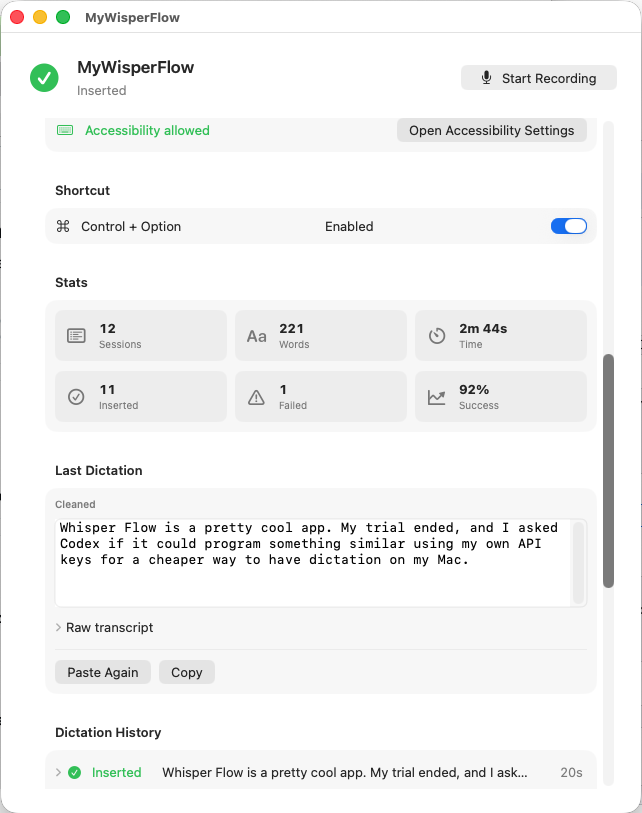 cameronmaciel97's tweet photo. Whisper Flow is a pretty cool app. My trial ended, and I asked Codex if it could program something similar using my own API keys for a cheaper way to have dictation on my Mac. #codex #videCoding #Dictation #MyWhisperFlow https://t.co/5z0rWxwRKE