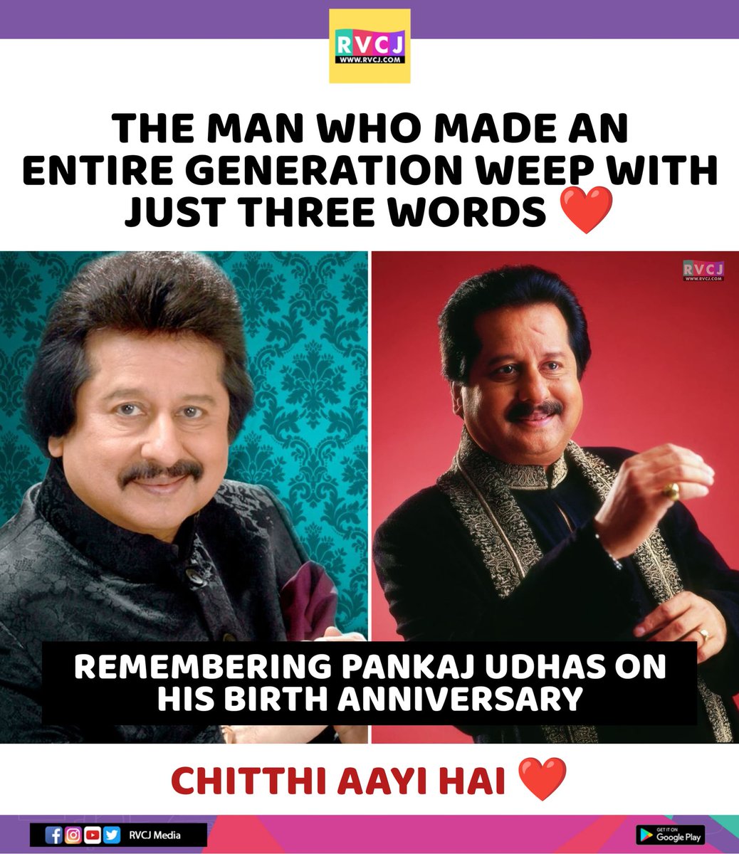 rvcjmovies's tweet photo. Remembering Pankaj Udhas on his birth anniversary
#pankajudhas #naam #bollywood #bollywoodsongs #bollywoodmovies https://t.co/nsIfdLcgqh