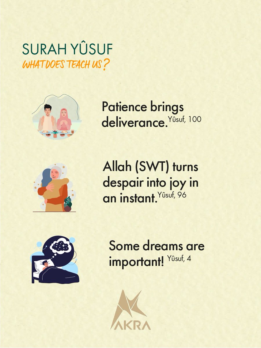 Akramedia_EN's tweet photo. What Does SURAH YUSUF Teach Us?
🧡 Envy leads to great evils. (Yusuf, 9)
 
🧡 Hardship will come to an end one day. (Yusuf, 86) 

🧡 Whoever relies on Allah (SWT) always wins! (Yusuf, 67)

🧡 Patience brings deliverance. (Yusuf, 100) https://t.co/pzcnNe666G
