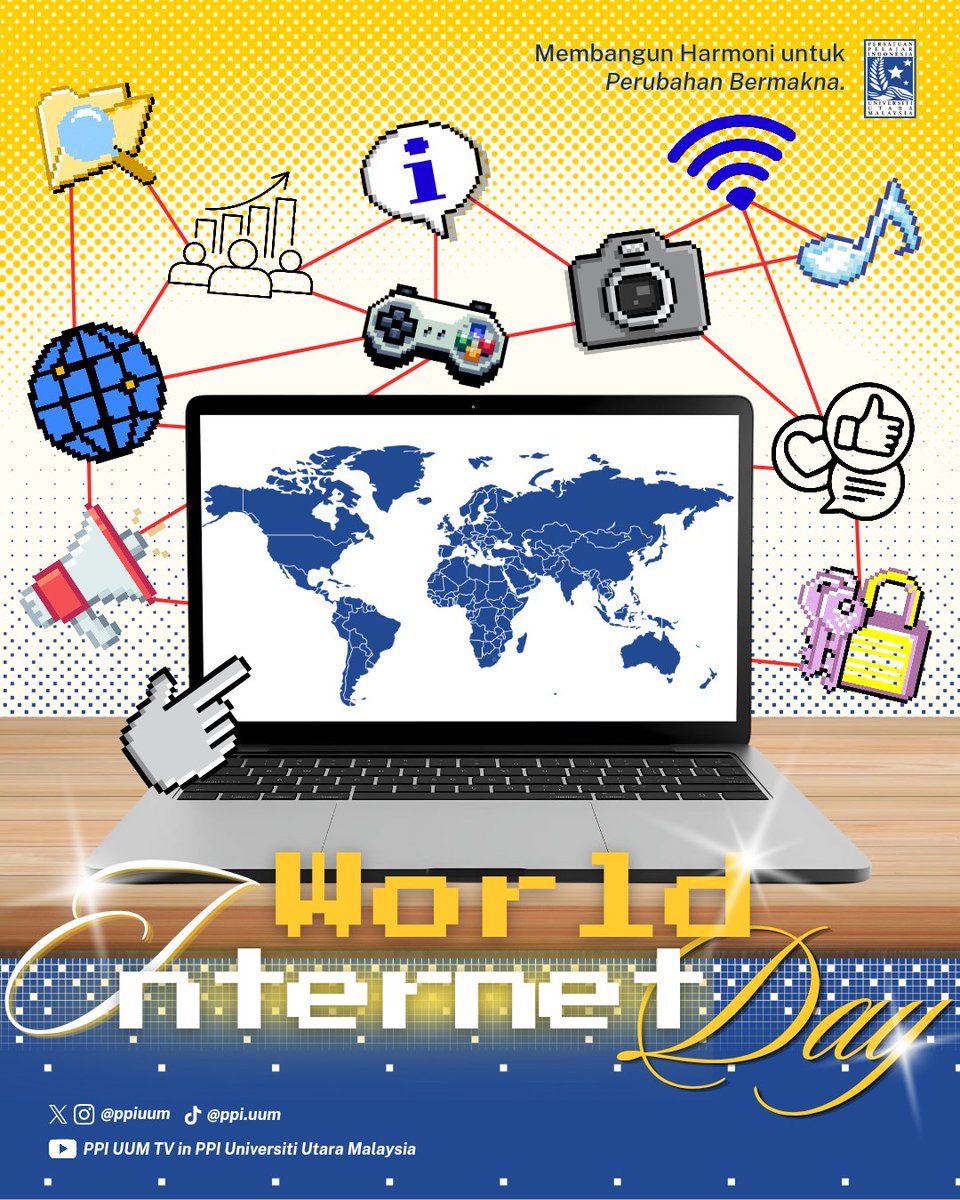 ppiuum's tweet photo. Internet telah menjadi jembatan komunikasi, sumber informasi, serta sarana untuk belajar, berkarya, dan berbagi dengan siapa saja di berbagai penjuru dunia. Mari kita refleksikan peran penting internet dalam menghubungkan dunia tanpa batas. https://t.co/fpIefe1kw1