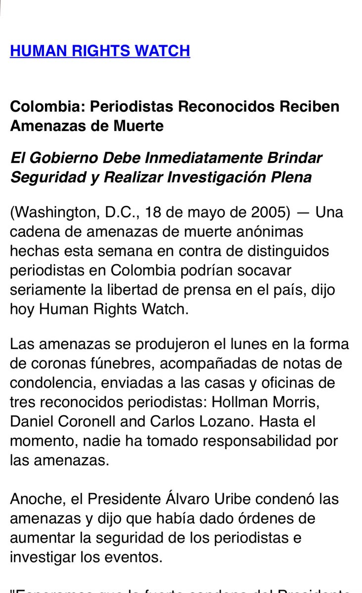 HOLLMANMORRIS's tweet photo. Un 16 de mayo como hoy hace 21 años (2005) cambio mi vida y la de mi familia especialmente la de mis recién nacidos hijos Daniela de 3 años y Felipe de 11 meses de nacido para la época.

En la tarde noche de aquel día llevaron a mi casa una corona fúnebre anunciando mi muerte. Simultáneamente hacían lo mismo con los periodistas @DCoronell y Carlos Lozano (q e p d) 

Durante estos 21 años descubrí quienes fueron los autores intelectuales de las amenazas , la estructura el cómo y porque las hicieron y lo que se conoció recientemente en una audiencia de la JEP.

Abro hilo 🧵