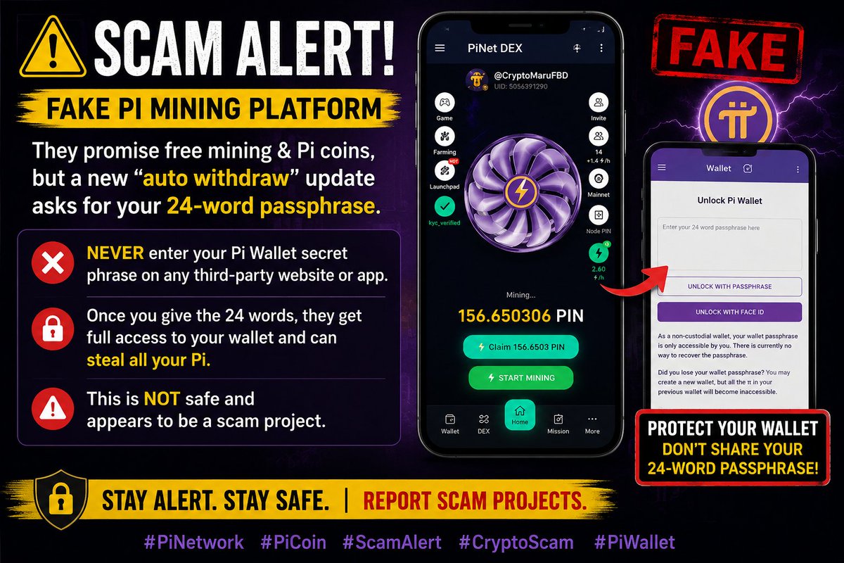 CryptoMarufBD's tweet photo. 🚨 PI SCAM ALERT 🚨

Fake “auto withdraw” apps are stealing Pi wallets by asking for 24-word passphrases.

⚠️ Never share your secret phrase with any app or website.

Stay safe. Report scammers.
#PiNetwork #ScamAlert https://t.co/xzMiZj8SUG
