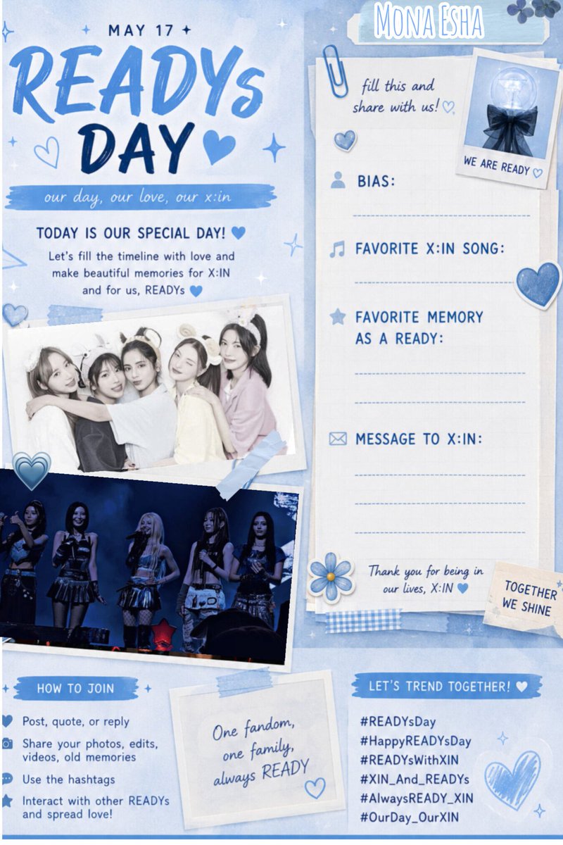 RiyaSha72925768's tweet photo. “One fandom. One family. One special day 💙
Drop your bias, favorite memory, favorite song and your message for X:IN!!
Let’s make today unforgettable READYs ✨ #READYsDay”
#READYSwithXIN #XIN
#HappyREADday #XINxREADY https://t.co/xtkChYdGJO