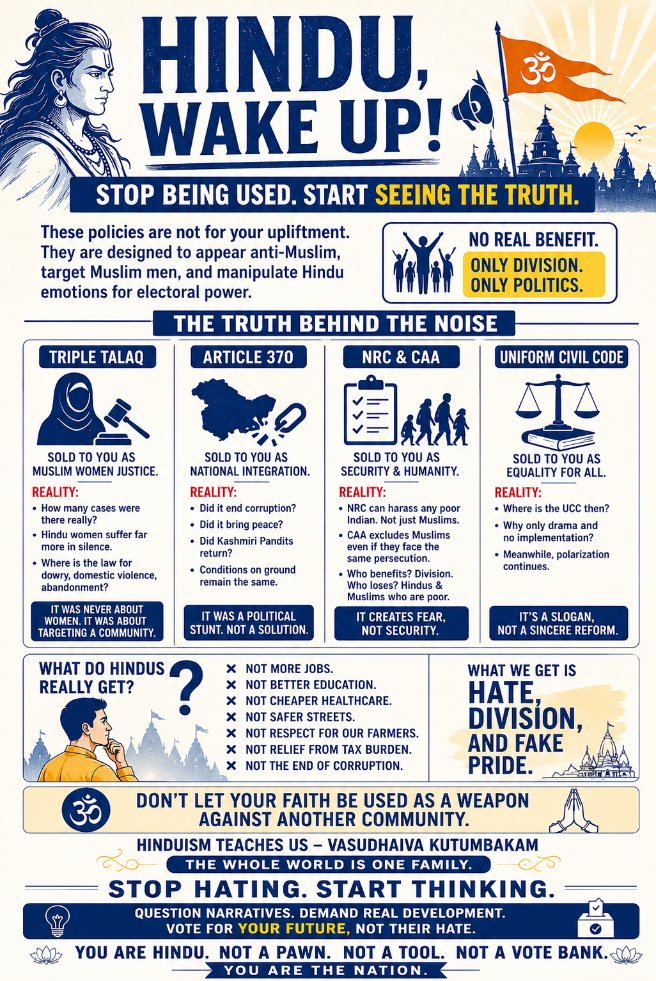 catale7a's tweet photo. Fellow Hindus, ask yourself "What have we got from the BJP Govt, except hate, division and fake pride?"

🇮🇳Question their narrative, demand development, &amp; vote for your future https://t.co/8NZaVqaHcP