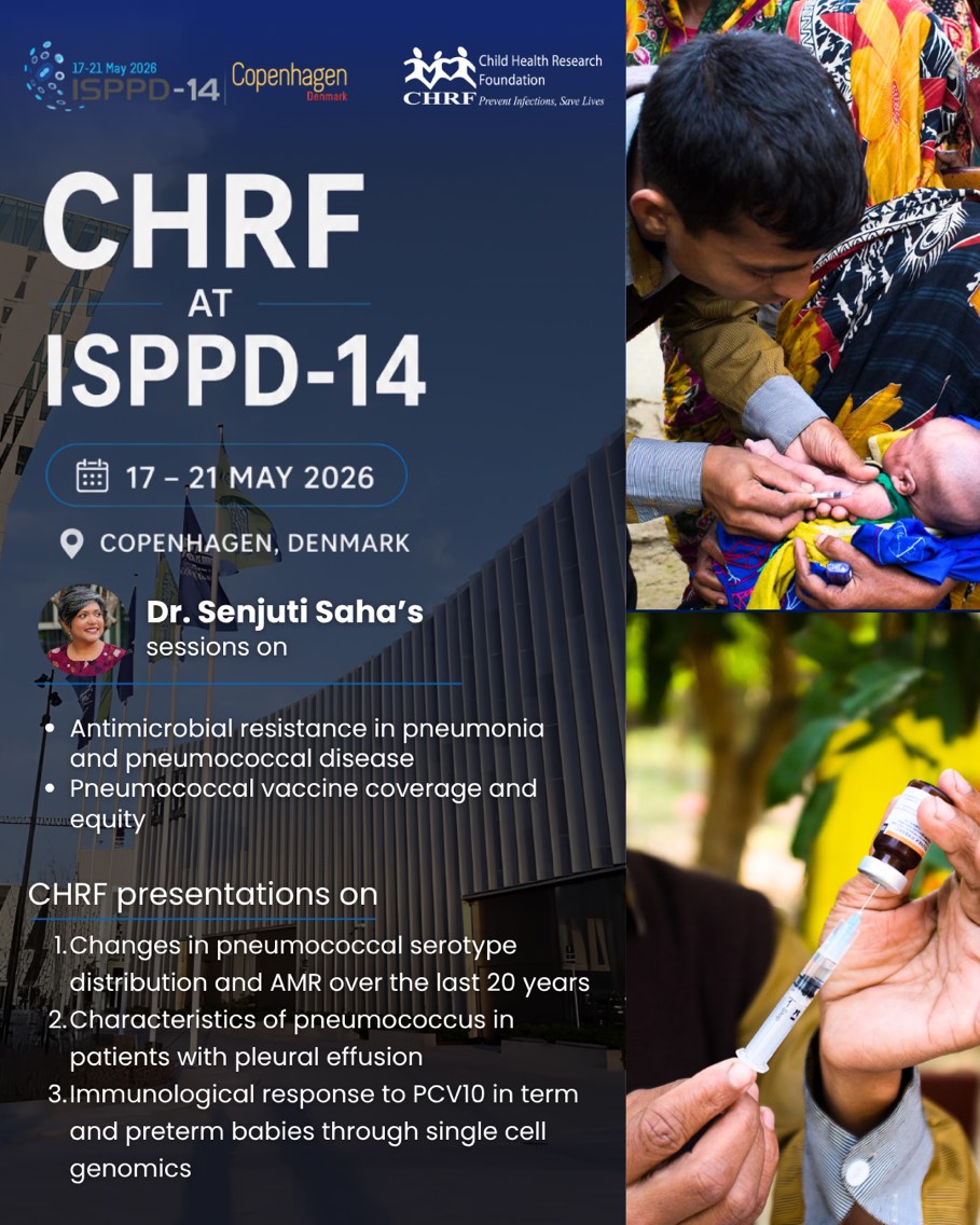 chrfbd's tweet photo. Bangladesh introduced the Pneumococcal Conjugate Vaccine (PCV10) in 2015 - how far have we come in preventing pneumonia and pneumococcal diseases?

CHRF scientists will be presenting on the impact of PCV10 and the current state of Streptococcus pneumoniae in Bangladesh at the 14th Meeting of the International Society of Pneumonia and Pneumococcal Diseases (ISPPD-14) in Copenhagen, Denmark. The meeting will take place from 17 to 21 May 2026.

ISPPD brings together leading experts in microbiology, epidemiology, clinical research, treatment, prevention, and public health from around the world to discuss pneumonia and pneumococcal diseases.

Dr. Senjuti Saha will speak on pneumococcal vaccine coverage and equity on 19 May, and combatting antimicrobial resistance in pneumonia and pneumococcal disease on 21 May. In addition, three CHRF members will present on changes in pneumococcal serotype distribution and AMR over the last 20 years, characteristics of pneumococcus in patients with pleural effusion, and immunological response to PCV10 in term and preterm babies through single cell genomics.

We are honored to have our team contribute to and engage in these important global conversations on infectious disease research and public health.

Join us if you’re in Copenhagen next week!