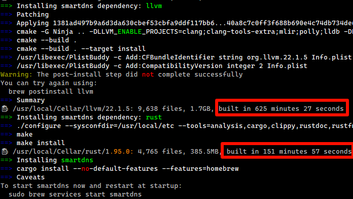 mrggbond's tweet photo. 拿老爷机macbook安装个smartdns，LLVM 编译了 625 分钟，Rust 编译了 151 分钟🤣🤣🤣 https://t.co/IC7DRg130B