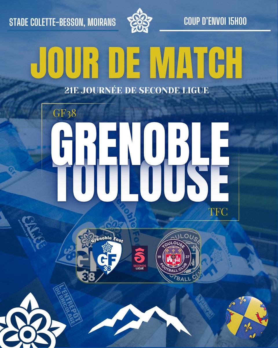 TPMGF38F's tweet photo. 𝐉𝐨𝐮𝐫 𝐝𝐞 𝐦𝐚𝐭𝐜𝐡 🏔️💙🤍

🆚 @ToulouseFC 
🏆 @SecondeLigue - J21
🕒 15h00
🏟️ Stade Colette-Besson, Moirans 
☀️ 19°C

#GF38TFC #SecondeLigue https://t.co/dLPOjcIcqu