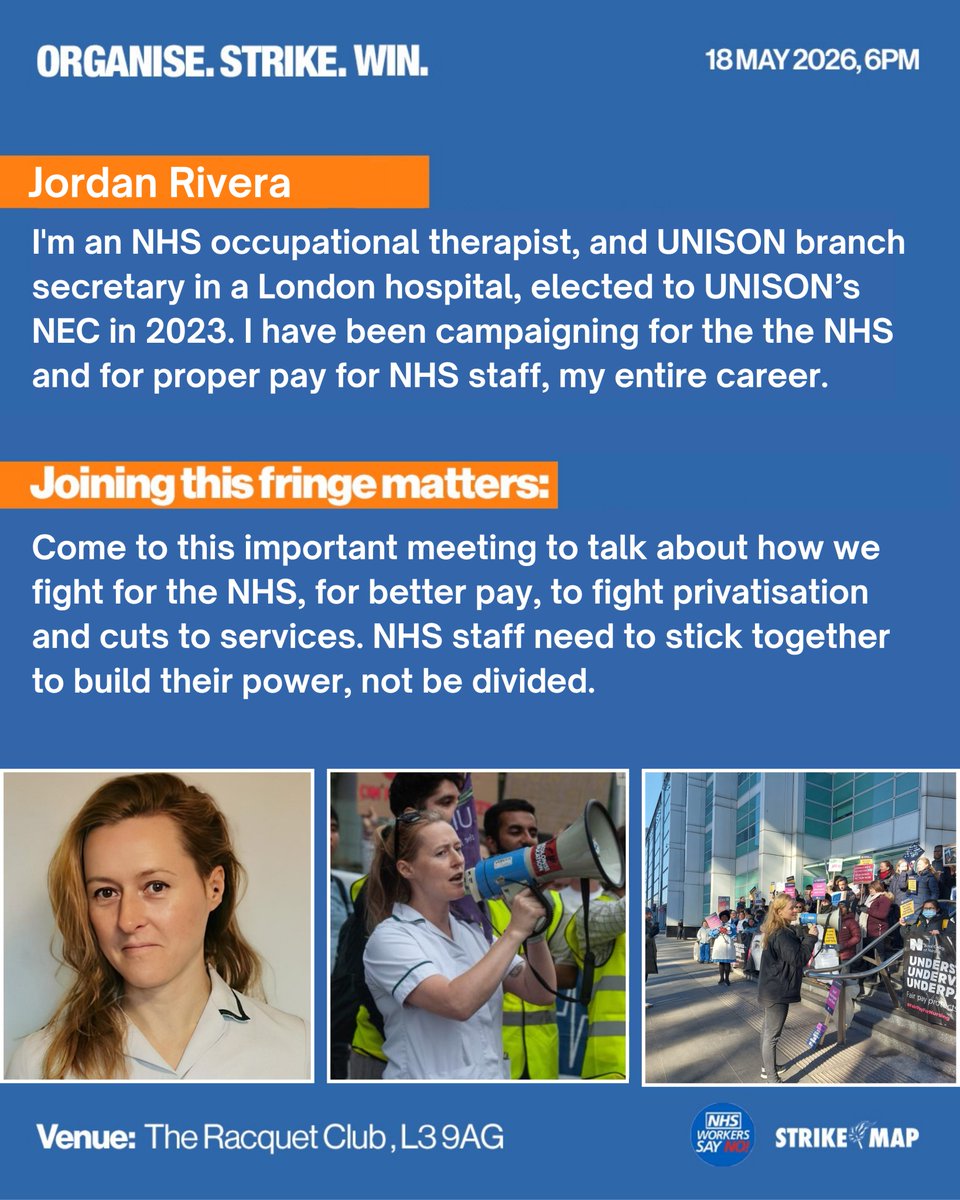 strike_map's tweet photo. Meet @Jordanriv, speaker at our joint RCN Congress fringe with @NurseSayNO.
Organise Strike Win
18 May| 6pm
@Racquet_Club
FT. @ERunswickBMA, BMA| Paula Dunne, #StrikeMap |
@Jordanriv, UNISON| @SocialistHB, RCN
RSVP: https://t.co/xW6j2udIyn
#RCN #Nurses #Liverpool #Doctors https://t.co/mhDMM1Q3yS