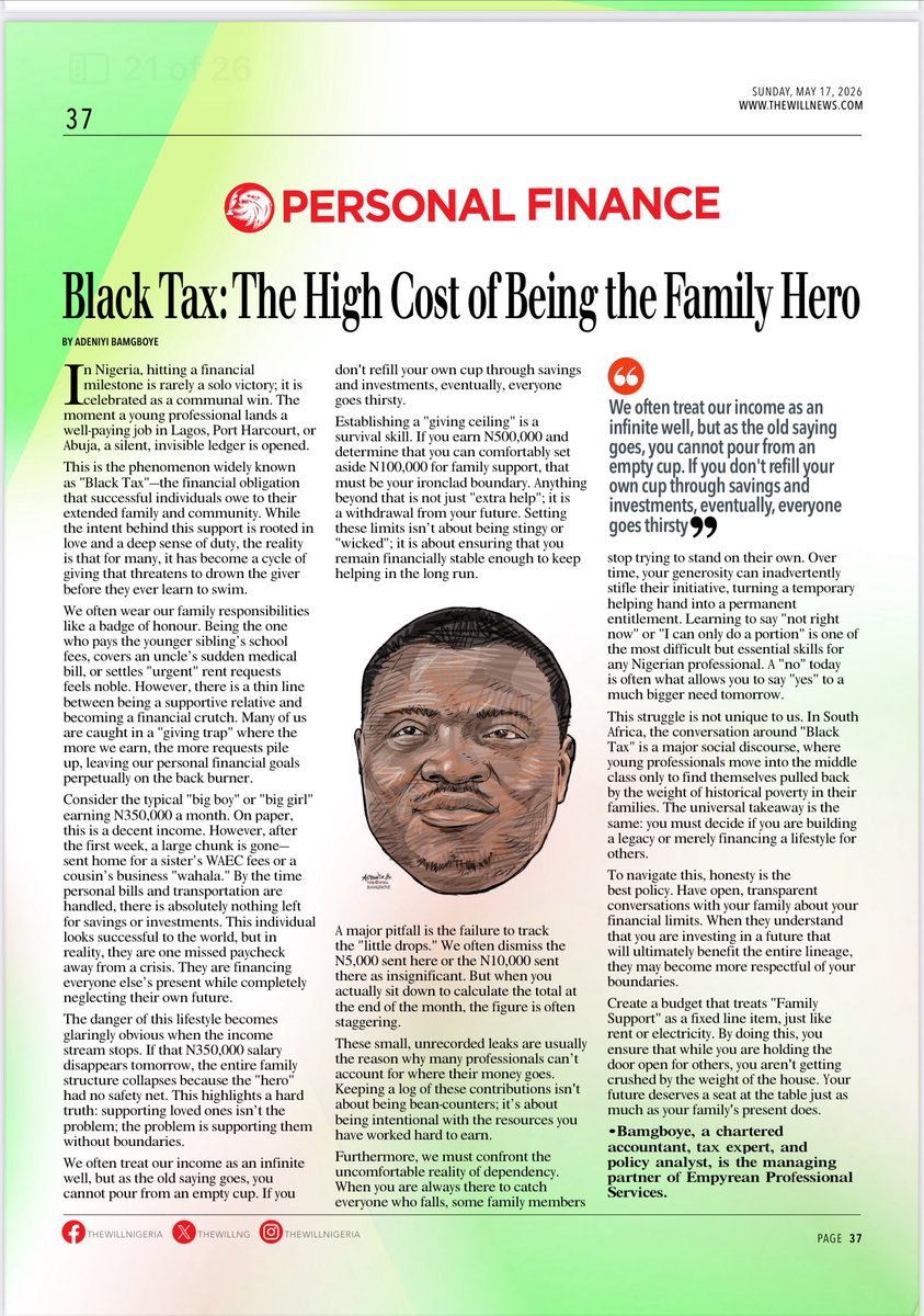 bamgboyeadeniyi's tweet photo. It’s called “Black Tax” — and it’s real.
That first good salary feels like freedom. But for many Nigerian professionals, it quickly becomes everyone else’s lifeline:
▶️ School fees for a sibling
#BlackTax #FinancialBoundaries #NigerianProfessionals #AdultingInLagos https://t.co/Qx8YZ5fTlh