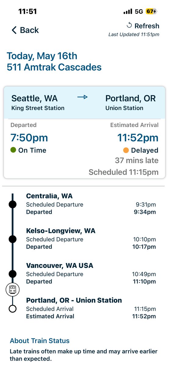 Mandy_De's tweet photo. By far the worst @Amtrak_Cascades  @Amtrak experience I’ve had. I’ve never been on a train that has had to yield for other trains much as this train. Power cutting off and on from an extended pause? Smelly toilet? Then some moron got into a car accident on the track? I’ll walk https://t.co/OvnZIMaR9S