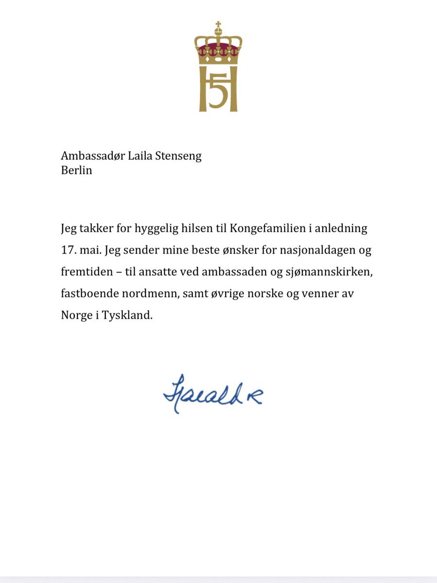 NorwayAmbDE's tweet photo. Es ist mir eine Freude, Ihnen die besten Wünsche Seiner Majestät König Haralds zum Tag der Verfassung zu übermitteln 🇳🇴 https://t.co/axk0NPQSdi