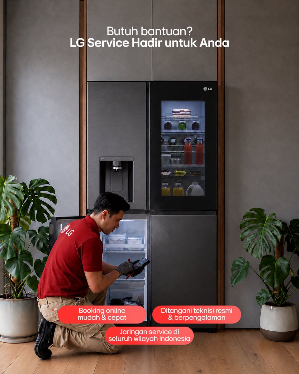 lgeindonesia's tweet photo. Ada kendala dengan kulkas di rumah? Tenang 👌

LG Indonesia siap bantu dengan layanan service yang praktis dan terpercaya, mulai dari booking online hingga dukungan teknisi resmi berpengalaman.

Cari service center terdekat juga jadi lebih mudah ✨

#LGIndonesia #LifesGood #BetterLifeforAll #KulkasLGInstaview