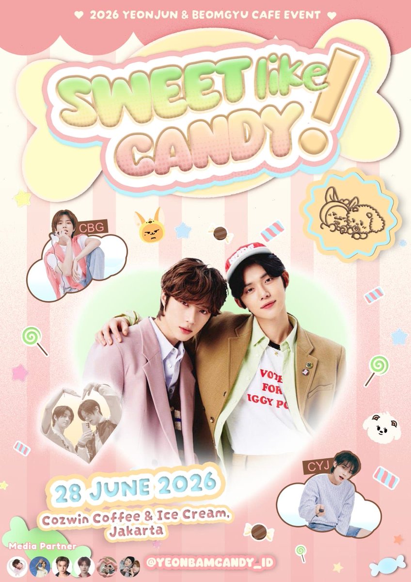 beomjunluvss's tweet photo. ⋆˚࿔🍬⋆˙⟡ 𝓈𝓌𝑒𝑒𝓉 𝓁𝒾𝓀𝑒 𝒸𝒶𝓃𝒹𝓎 - a cupsleeve event for TXT's #yeonjun and #beomgyu ✨

⁘ 11-17 pm, June 28 @ Cozwin Coffee &amp; Ice Cream
⁘ RSVP will be opened on May 20th at 8pm

the candy shop is open. see you there! 💕

#Beomjune2026 #SweetLikeCandyID https://t.co/JT1JZumQjT