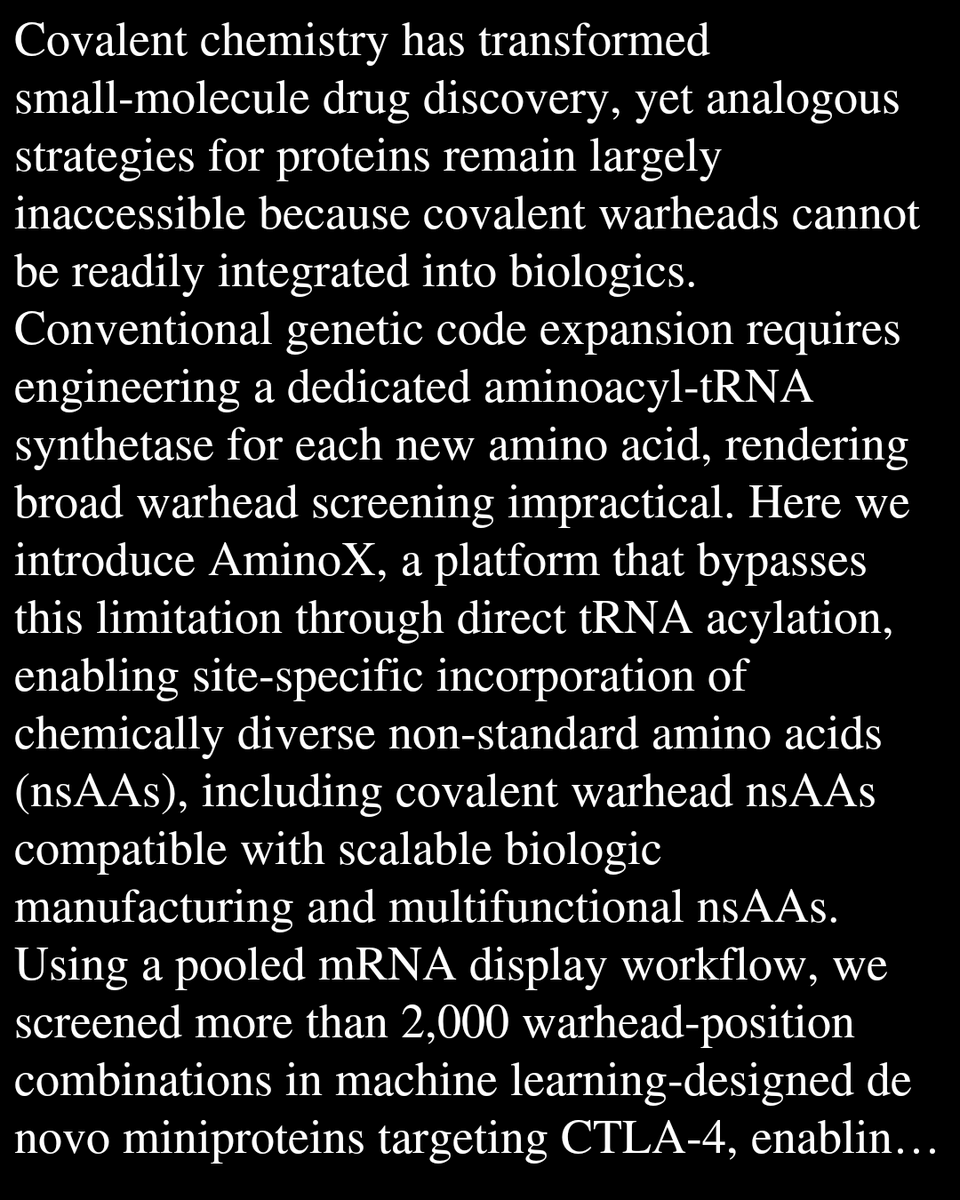 WCBO's tweet photo. Genetic code expansion enables programmable covalent protein design

de Puig, H., Kuru, E., Moret, M., Flores, A., Karunakaran, S., Sayfullina, D., Rout, S., Escobedo-Lucea, C., Collins, J. J., Church, G. M.
https://t.co/Nb1lIVSdw8 https://t.co/nEJMCvTztC