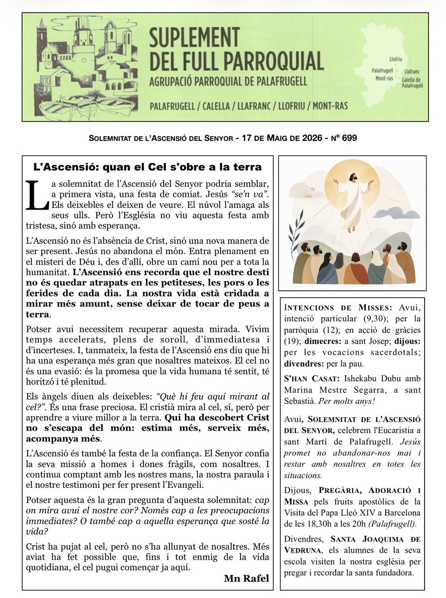 ParroqPala's tweet photo. ℹ️ Ja podeu consultar el #Suplement del #FullParroquial d'aquest diumenge de l'Ascensió que incorpora una nova secció: 'un llibre a la setmana' ⤵️ #Palafrugell https://t.co/WmV47jDQ9C