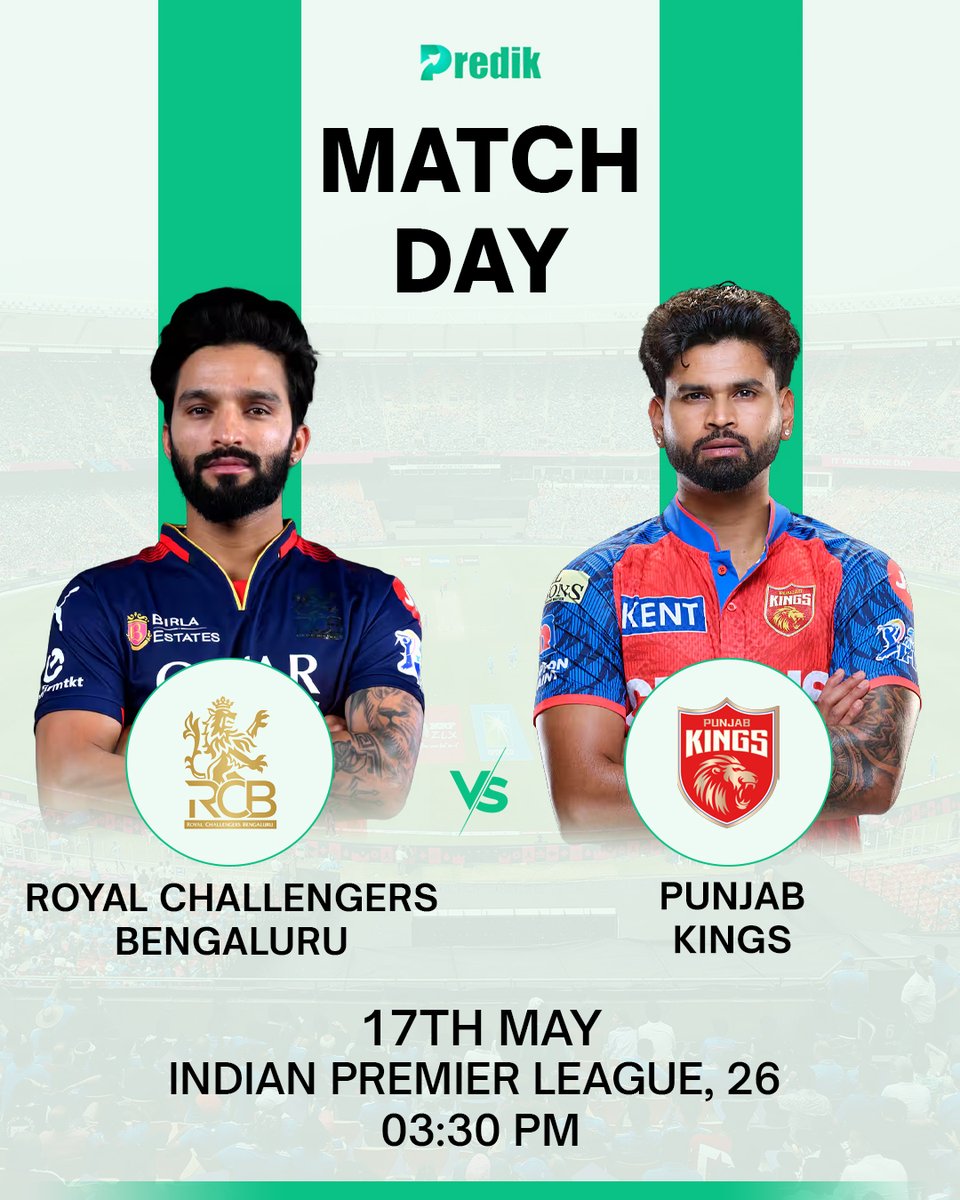 predik_official's tweet photo. RCB 🆚 PBKS — aaj ka high-voltage showdown! 🔥🏏
Virat ki fire ya Punjab ka power game — kiski hogi aaj jeet? 👀🤔

#RCBvsPBKS #IPL2026 #RoyalChallengersBengaluru #PunjabKings #MatchDay #CricketFever #PlaySmart #EarnWithPredik #HighVoltageClash https://t.co/zdQyUcDPEf