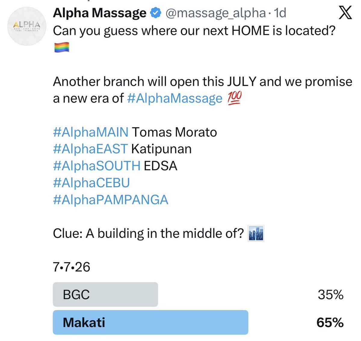 massage_alpha's tweet photo. See you in MAKATI๐๏ธ
Stay tuned as we reveal your next HOME๐ณ๏ธโ๐
#AlphaMAIN Tomas Morato QC
#AlphaSOUTH EDSA Pasay City
#AlphaEAST Katipunan QC
#AlphaCEBU Cebu City
#AlphaPAMPANGA Angeles City
#AlphaMAKATI Makati City
We promise you a stand-alone building at a very prime location. https://t.co/V17RbTUMTb