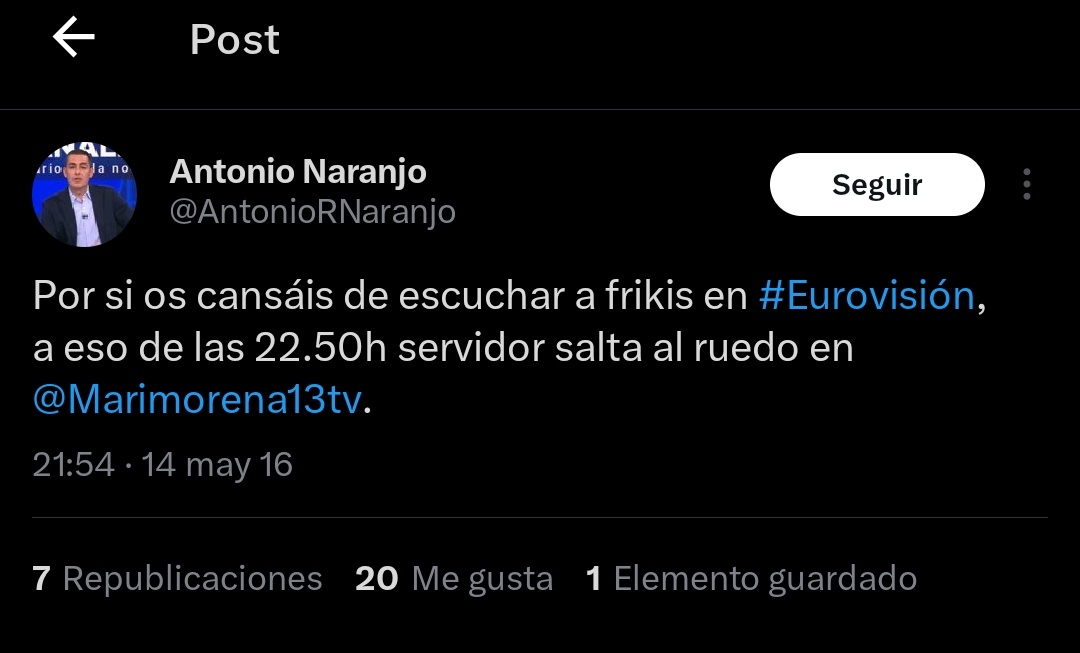 sujetopo's tweet photo. @AntonioRNaranjo Hace no tanto, te sudaba los cojones Eurovision y proponías planes alternativos para no ver a "cuñaos" "chonis" y "frikis" https://t.co/HBT2nCin3G