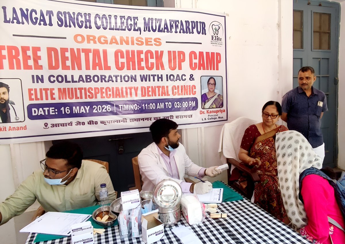 LS_College's tweet photo. Under the guidance of Principal Prof. Kanupriya, a successful Free Dental Check-up Camp was organized by the IQAC at L.S. College. Students and staff received comprehensive oral health screenings and expert hygiene tips. @brabu_ac_in @DineshCRai #LSCollege1899 https://t.co/IbpQ5BuklN