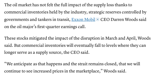 Phastidio's tweet photo. Le scorte globali di greggio si stanno avvicinando al punto in cui il loro livello scatena strappi al rialzo dei prezzi, con distruzione vera della domanda (e dell'economia)

Global oil stockpiles could hit record lows if Strait of Hormuz remains closed https://t.co/rylBRyCWUR https://t.co/w6HIJn8gNl