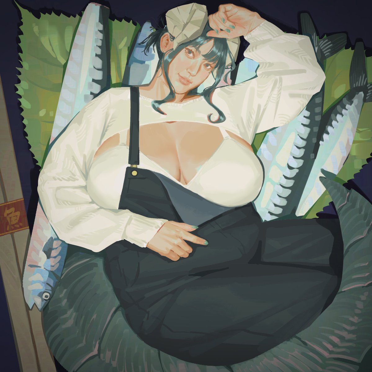 s_turnips's tweet photo. sort of finished piece! i need to move on and start new drawings so here is Lysaris lounging on a silly sashimi arrangement 🍣🥢 https://t.co/7N41wIPLAb