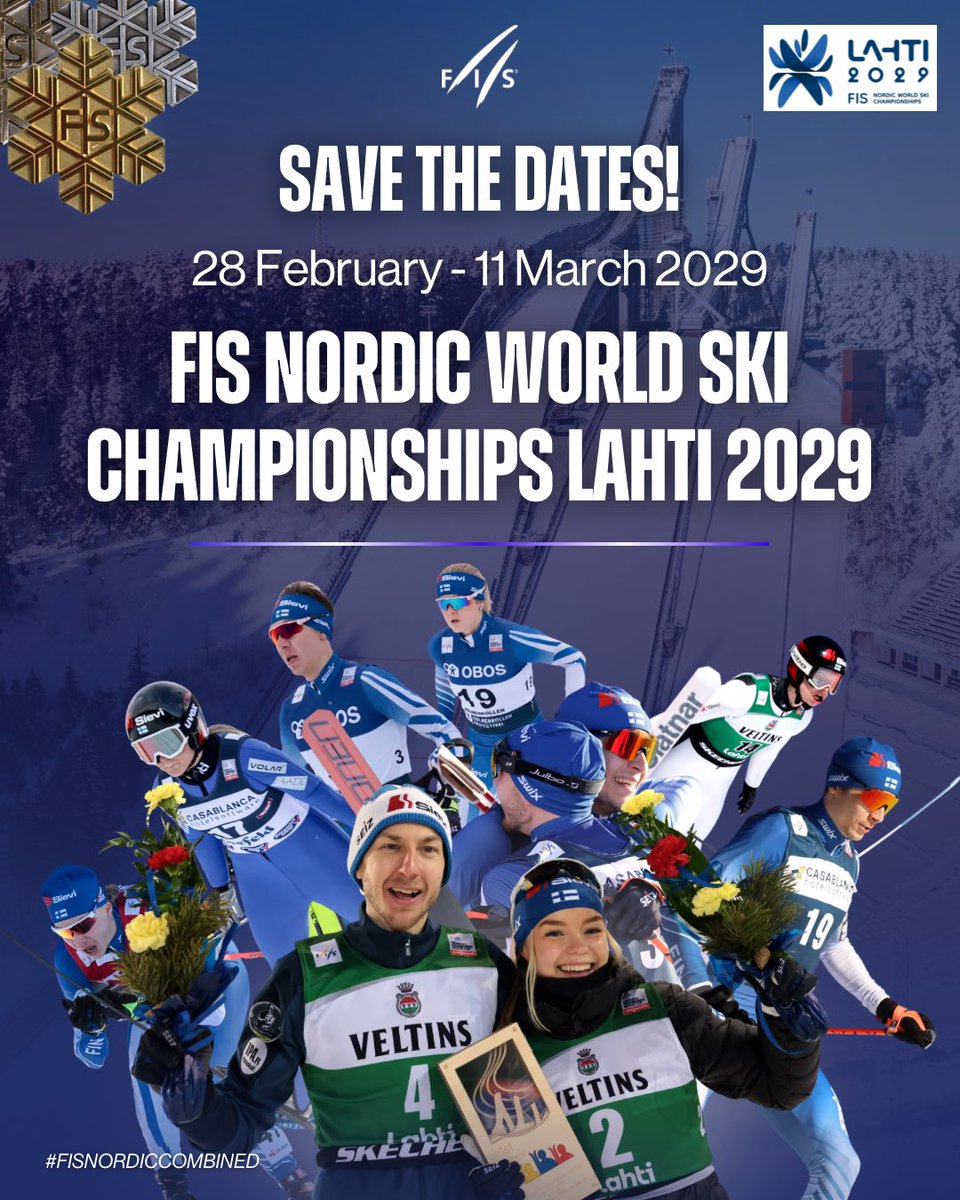 fisnoco's tweet photo. The dates for the 2029 World Ski Championships in Lahti🇫🇮 have officially been confirmed🤩

Save the dates!🚨
👉 28.02.-11.03.2029

It will already be the 8th time Lahti hostes the FIS Nordic World Ski Championships🥇✨

#fisnoco #nordiccombined #wintersport #lahti https://t.co/wvov1Tavja