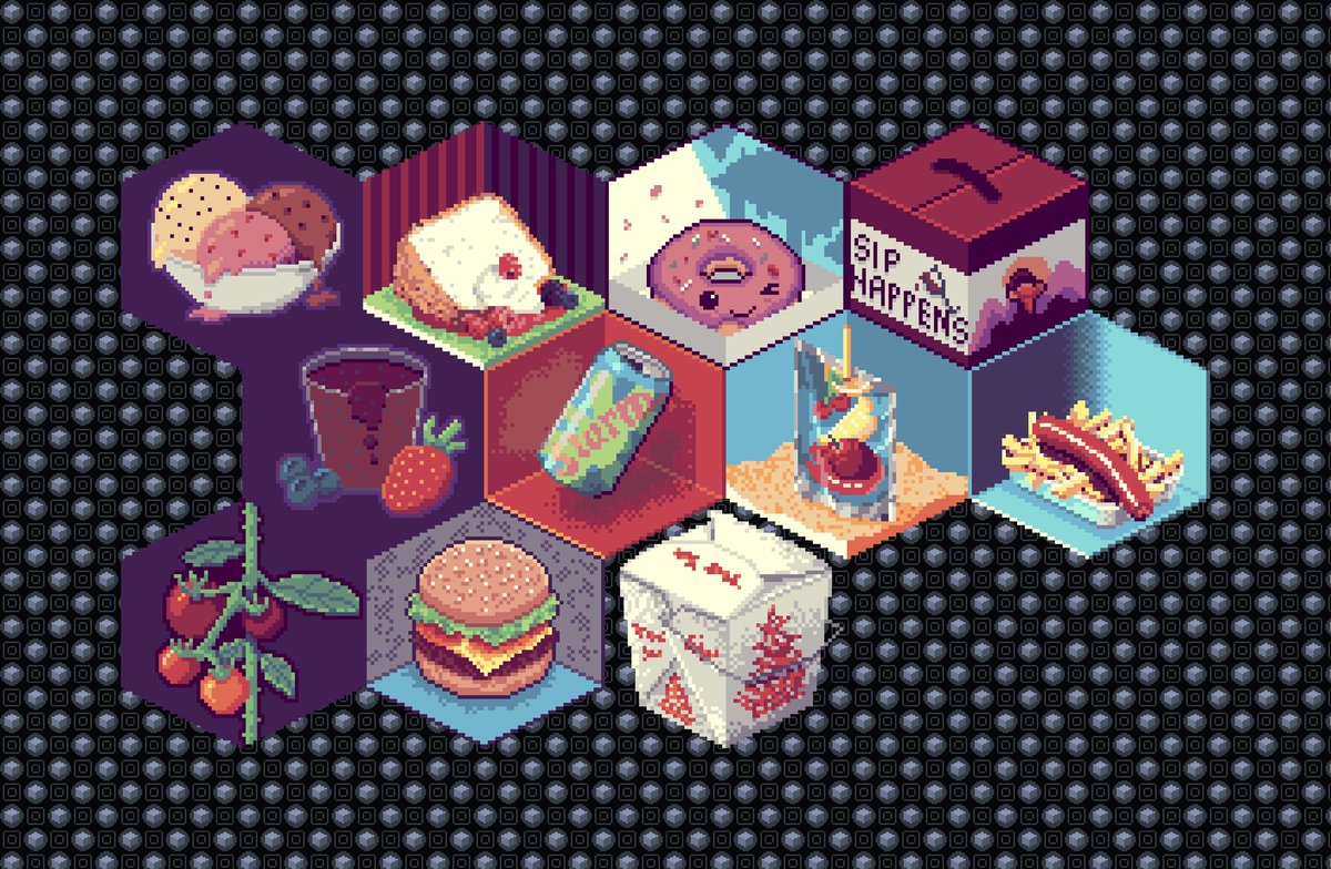 PixelShorts's tweet photo. Wrapping up the multi-theme this week was #dessert and here is the full culinary delight stitched together. A feast for the eyes from:

@CherishSin 
@DubniumGames 
@leonheart515 
@PixelShorts 

#pixelart #collaboration #digitalart https://t.co/dablbtTTem