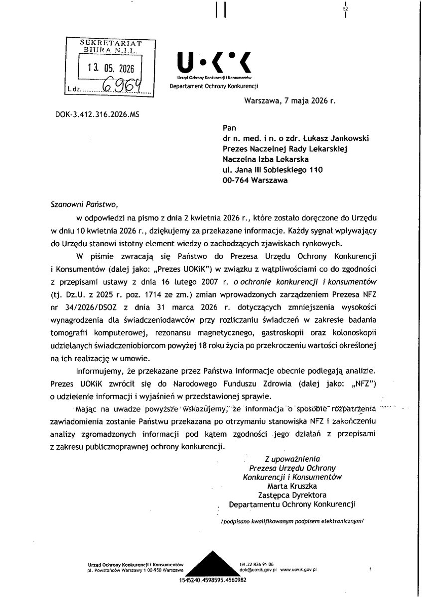NaczelnaL's tweet photo. Presja ma sens tylko wtedy, gdy prowadzi do zmian. 

#Lekarze od lat alarmują o problemach systemu ochrony zdrowia - dziś potrzebne są konkretne decyzje, nie kolejne obietnice.

#UOKiK reaguje na pismo @NaczelnaL w związku z wątpliwościami co do zgodności z przepisami ustawy z dn. 16 lutego 2007 r. o ochronie konkurencji i konsumentów zmian wprowadzonych zarządzeniem Prezesa @NFZ_GOV_PL nr 34/2026/ DSOZ z dn. 31.03.2026 r. dot. zmniejszenia wynagrodzenia dla świadczeniodawców przy rozliczaniu świadczeń w zakresie tomografii komputerowej, rezonansu magnetycznego, gastroskopii oraz kolonoskopii udzielanych świadczeniobiorcom powyżej 18 roku życia po przekroczeniu  wartości określonej w ich realizacji w umowie.

‼️ Prezes @UOKiKgovPL poinformował, że zwrócił się do NFZ o wyjaśnienia w tej sprawie.
